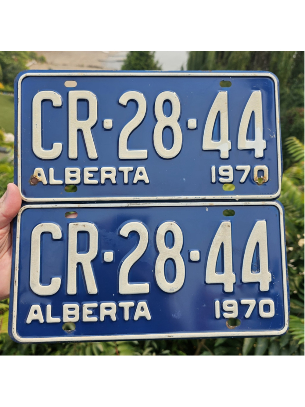1970 Alberta License Plates Matching Pair CR-28-44 Vintage Canada Blue White